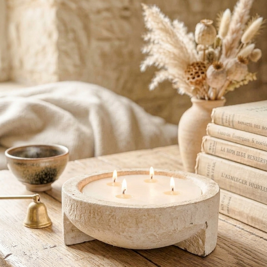 נר אבן מעוצב 550 גרם בניחוח וניל צרפתי