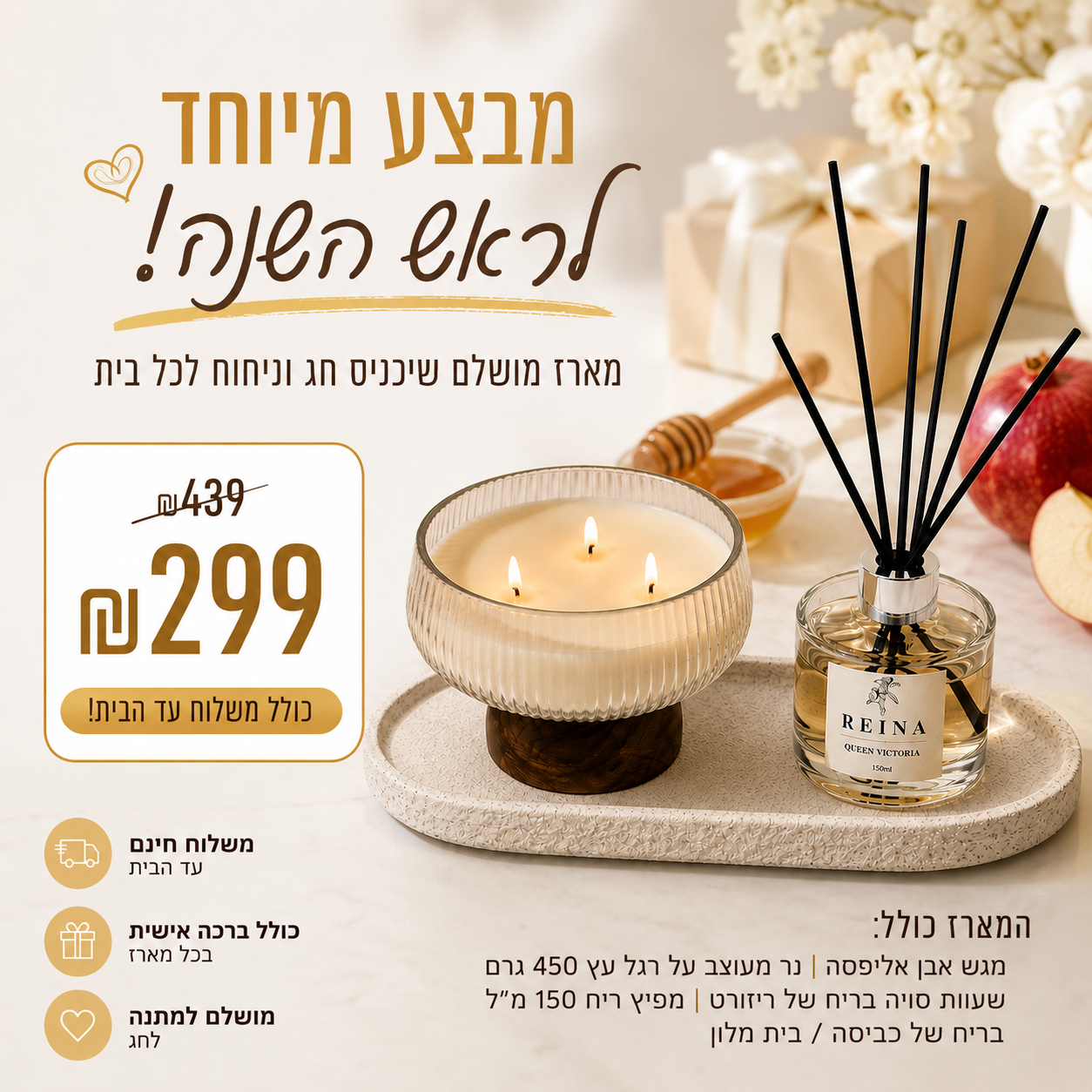 מפיץ ריח 150 מ"ל במארז מתנה לחג – Reina